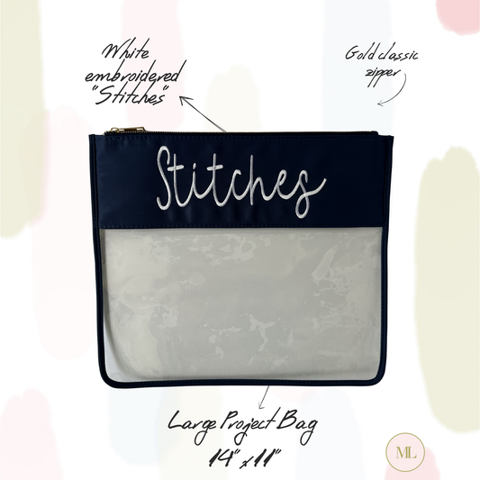 Large Navy “Stitches” Needlepoint Project Bag