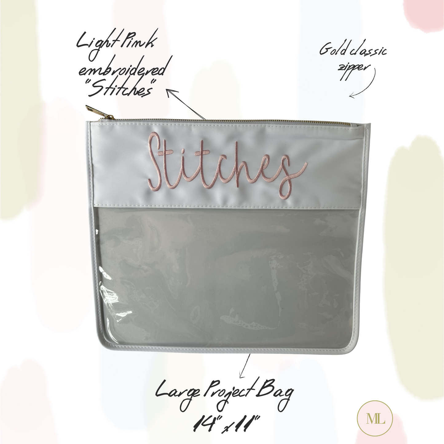 Large White & Pink “Stitches” Needlepoint Project Bag